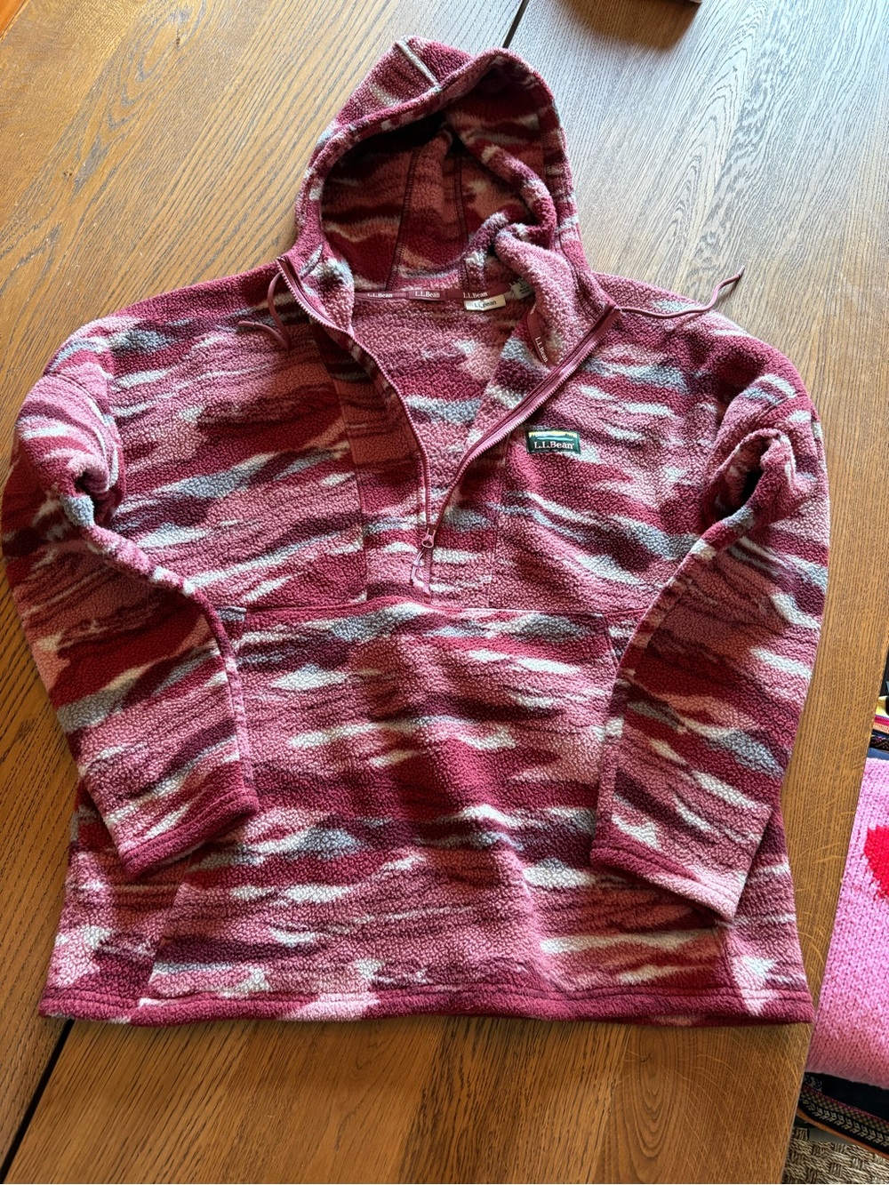 L.L. Bean Women's Maroon and Light Gray Hooded Half-Zip Fleece Pullover